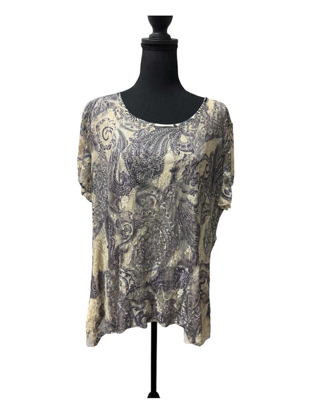 Roz & Ali Paisley Lace Top 2X Beaded Sheer Overlay Tan Black Boho Blouse